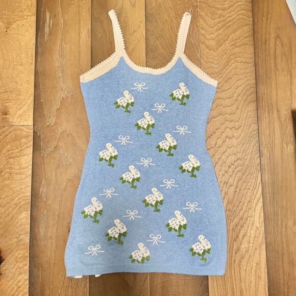 LoveShackFancy Lopez Mini Sweater Dress in Periwinkle Orchard Size L - Picture 2 of 4